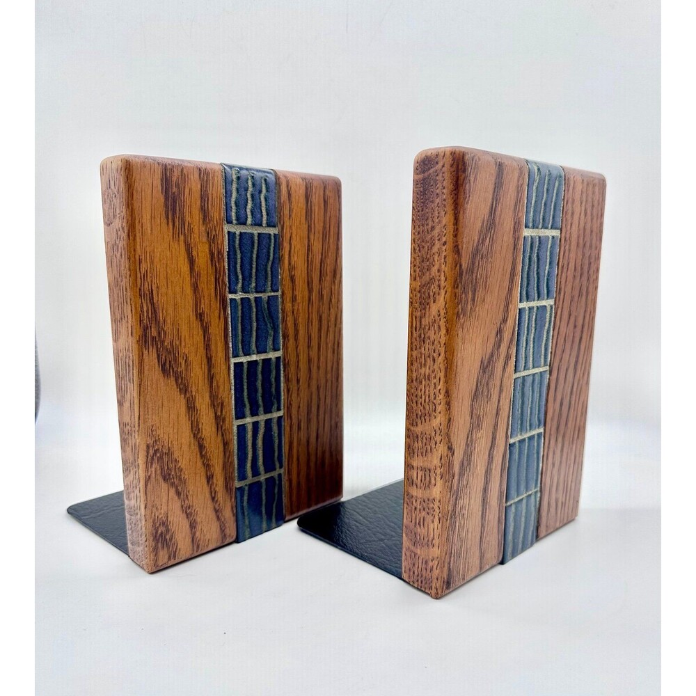 Vintage Mid-Century Modern Wood and Ceramic Tile Bookends Martz Marshall Studio